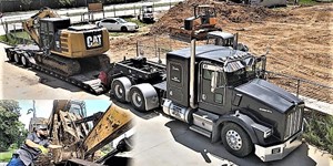 hauling CAT excavator RGN lowboy trucking Kenworth with LOUD JAKES