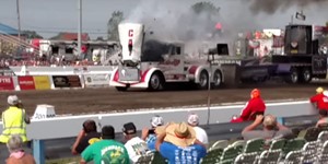 Jacked Up Semi puller blows engine out of the frame.